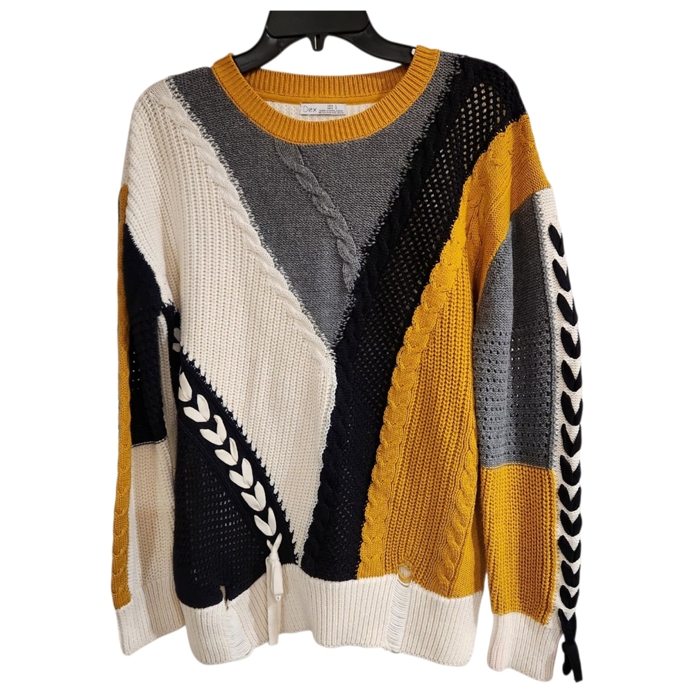 Dex Womens Sz L Knit Sweater Long Sleeve Crew Neck Colorblock Lace Up Detail